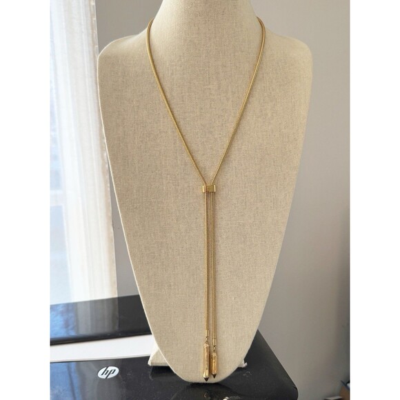 Gold Plated Lariat Necklace Snake Chain Geometric Rhinestone Drop Beads - Picture 2 of 10